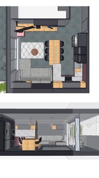 Cuisine ouverte sur salon en rose et gris appartement en VEFA à Paris