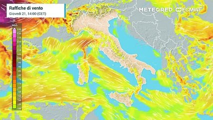 Il rinforzo dei venti sull'Italia con il progredire della perturbazione