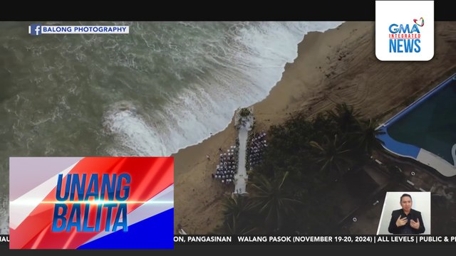 Beach wedding sa Aurora, hindi napigil ng malalakas na alon bunsod ng bagyo | Unang Balita