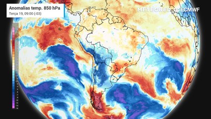 Previsão de anomalias de temperatura em 850 hPa até Quinta-feira (21)