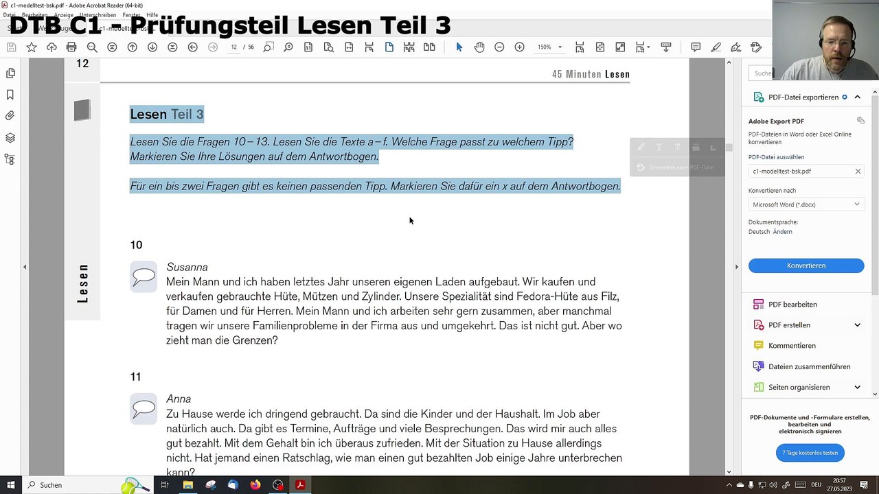 Deutsch-Test für den Beruf C1 – 04 – Prüfungsteil Lesen Teil 3