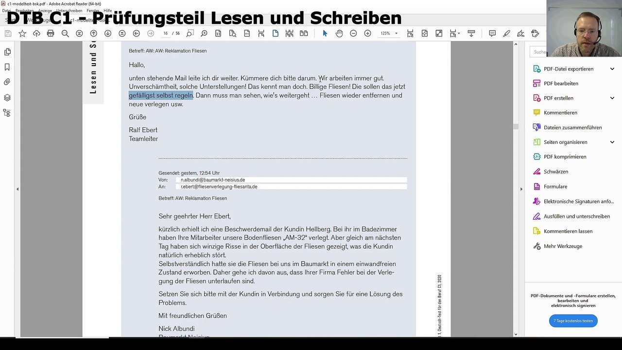 Deutsch-Test für den Beruf C1 – 06 – Prüfungsteil Lesen und Schreiben