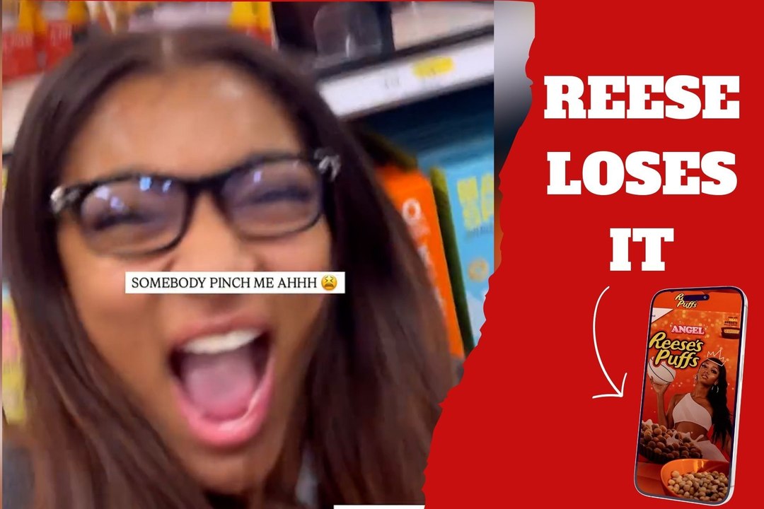 Angel Reese screams frantically at a supermarket after seeing her face in a brand new cereal box
