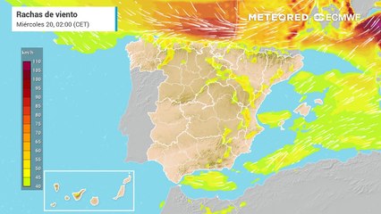 Rachas de viento previstas por el modelo europeo para las próximas horas