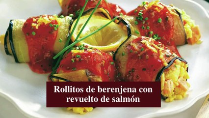 Rollitos de berenjena con revuelto de salmón - Cocina Fácil