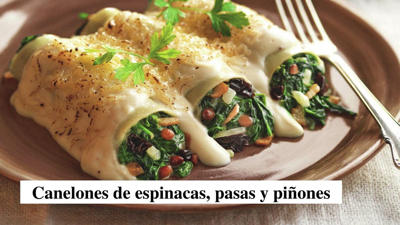 Canelones de espinacas, pasas y piñones - Cocina Fácil