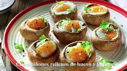 Champiñones rellenos de huevo de codorniz y jamón
