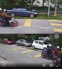 摩托车匪徒抢包，女骑士摔倒受伤 🚨