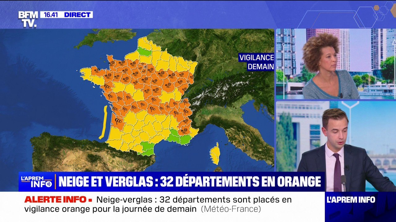 Intempéries: 32 départements placés en vigilance orange neige et verglas pour la journée de jeudi
