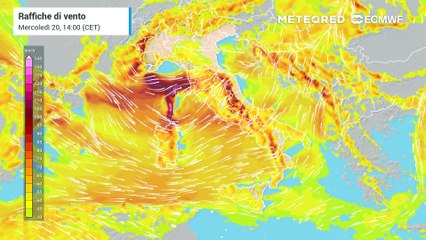 Mappa relativa alle raffiche di vento