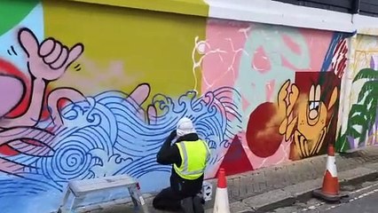 new mural taking shape in Newquay by 45RPM for Be Newquay Festival