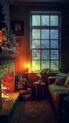 Room with Crackling Fire, Heavy Snowfall.