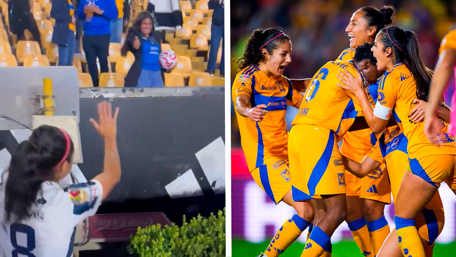 Jugadoras de Tigres Femenil y Rayadas entregan balones firmados a la aficin tras el partido