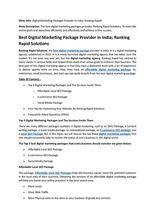 Best Digital Marketing Package Provider in India; Ranking Rapid Solutions