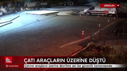 Giresun'da fırtınada uçan çatı araçların üzerine düştü