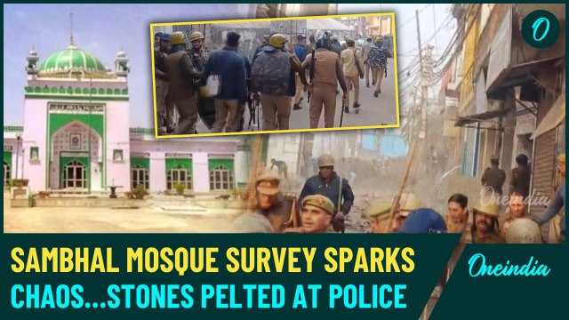 Sambhal Mosque Chaos: Police Fire Tear Gas at Stone Pelters Amid Mosque Survey Protests| Watch