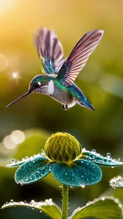 Microscopic Hummingbird Hovering Above a Clover: