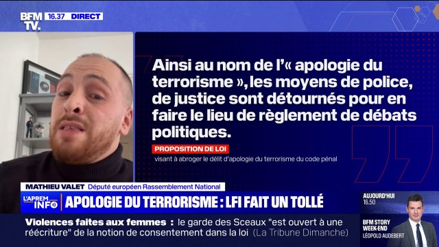 Proposition LFI d'abroger le délit d'apologie du terrorisme: La France insoumise veut livrer notre pays à la propagande islamiste , s'indigne Mathieu Valet (RN)