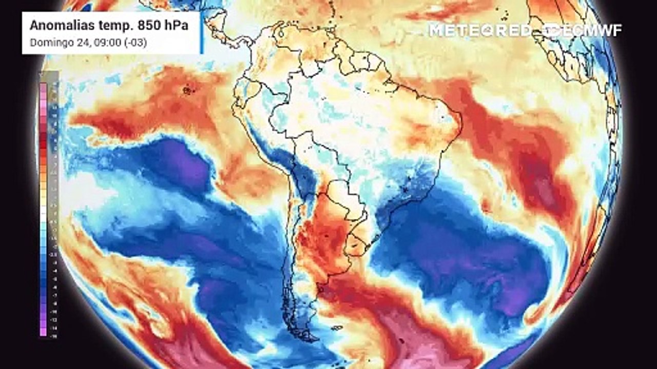 Anomalia de temperatura em 850 hPa realça as massas de ar sobre o Brasil