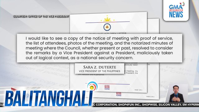 VP Sara Duterte, hinamon ang NSC na patunayang isang national security concern ang mga aniya’y “maliciously taken out of logical context” na pahayag ng isang bise presidente laban sa presidente | Balitanghali