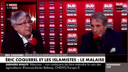 Le député LFI Eric Coquerel très mal à l'aise ce matin sur Sud Radio quand Jean-Jacques Bourdin lui demande si "les islamistes sont les ennemis de la nation" : "Je ne vous répondrai pas !"