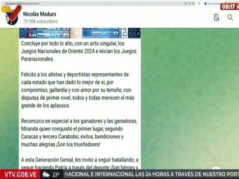 Pdte. Nicolás Maduro felicita a todos los participantes de la XXI Juegos Nacionales Oriente 2024