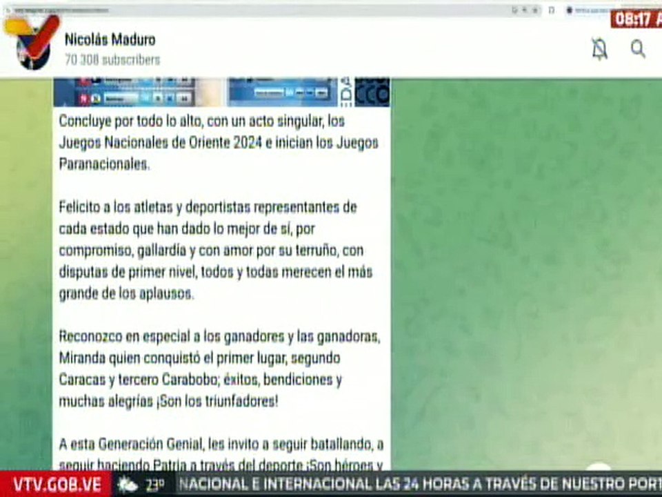 Pdte. Nicolás Maduro felicita a todos los participantes de la XXI Juegos Nacionales Oriente 2024