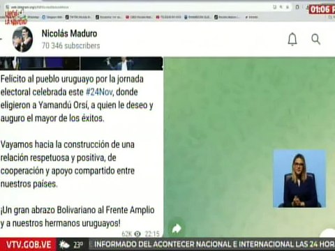 Pdte. Nicolás Maduro felicita al pueblo uruguayo y a su presidente electo Yamandú Orsi
