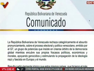 Comunicado | Venezuela rechaza categóricamente el pronunciamiento emitido por el G7