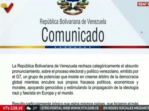 Comunicado | Venezuela rechaza categóricamente el pronunciamiento emitido por el G7