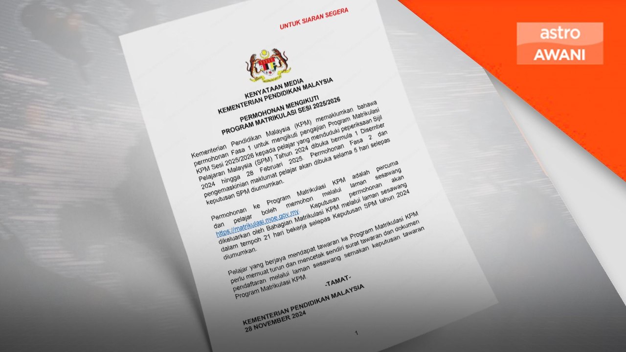Pendidikan: Permohonan matrikulasi 2025/2026 dibuka mulai Ahad ini