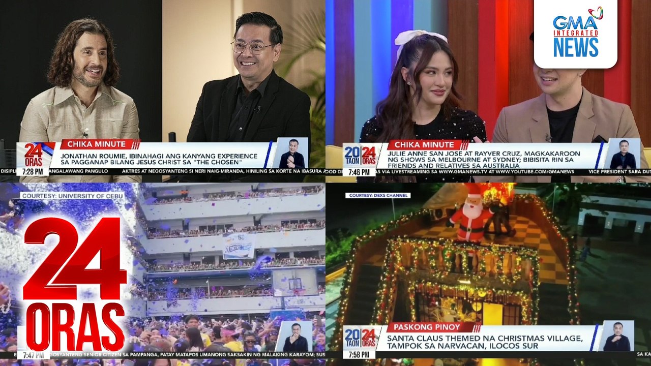 24 Oras: (Part 3) Jonathan Roumie, ibinahagi ang kanyang experience sa pagganap bilang Jesus Christ sa "The Chosen"; Makulay at libu-libong confetti, isinaboy sa kick-off ng University of Cebu intramurals; Santa Claus themed na Christmas..., atbp.