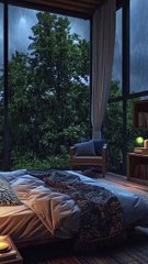 Rainy Storms and Greenery Outside a Wide Glass Window.