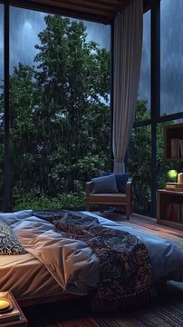 Rainy Storms and Greenery Outside a Wide Glass Window.