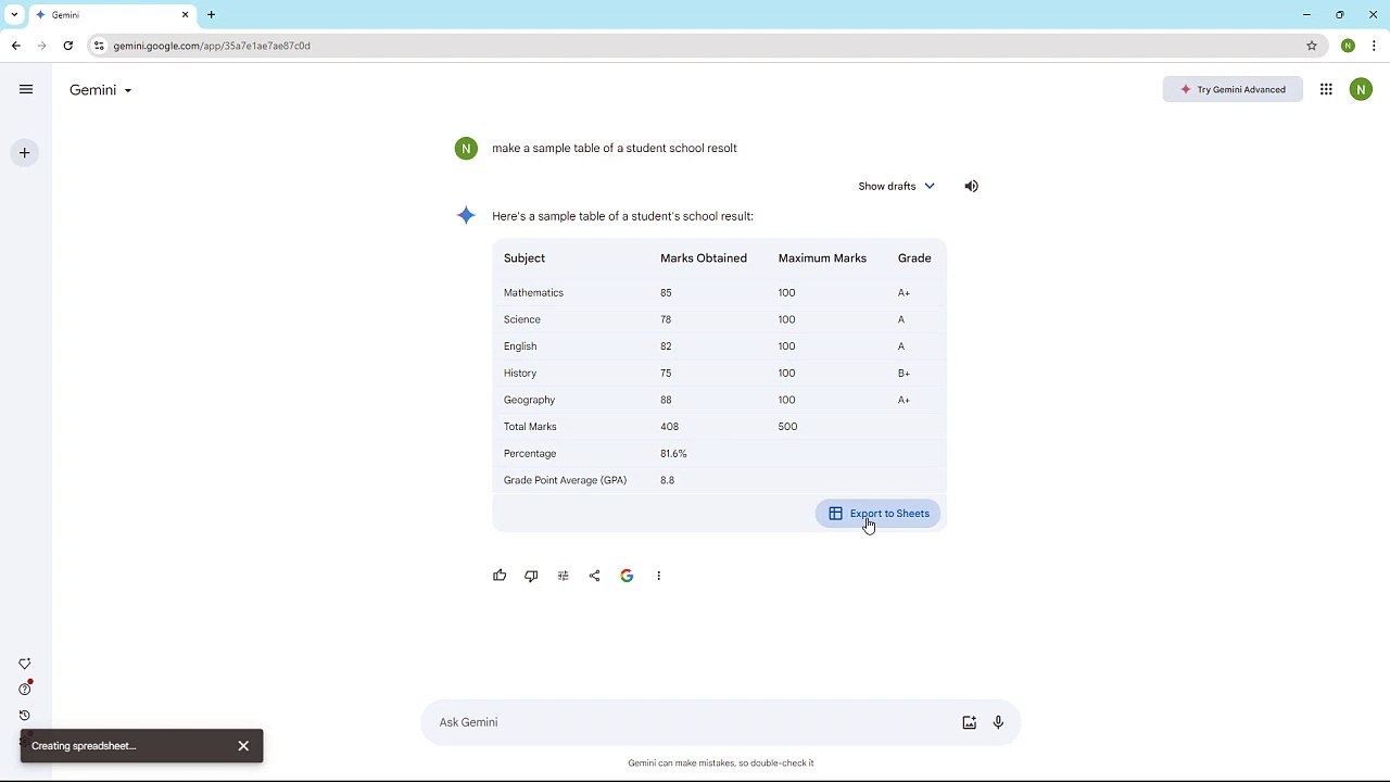 Google Gemini Course Section 9 Exporting Tables to Sheets