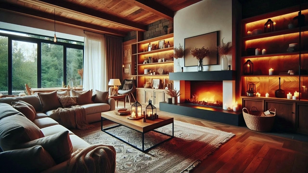 Cozy Luxury Living Room In Forest with Fireplace and Rain Sound | Healing Insomnia, Reduce Stress Luxurious Cozy Cabin Ambience - Rain & Crackling Fire Sounds at Night in forest- Sleep, Read, Relax