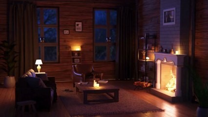 In the wooden house sitting on the couch: Heavy Rain & Fireplace Sounds To Sleep, Relax, Rest, Study