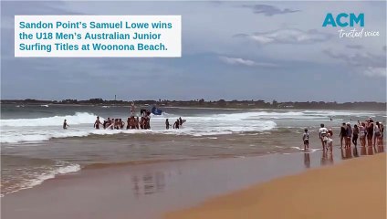 Sandon Point’s Samuel Lowe wins the U18 Men’s Australian Junior Surfing Titles at Woonona Beach on Sunday, December 1, 2024