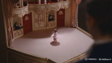 A charming baby ballerina performing in a miniature theater,