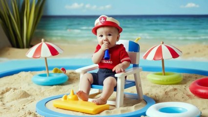 An adorable baby lifeguard on a mini beach FOR KID