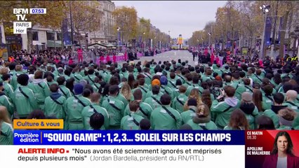 Un "1,2,3... Soleil" géant sur les Champs-Élysées à Paris pour la sortie de la deuxième saison de "Squid Game" le 26 décembre