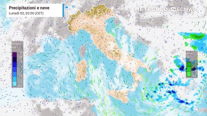 Previsione di pioggia, neve e nuvolosità in Italia
