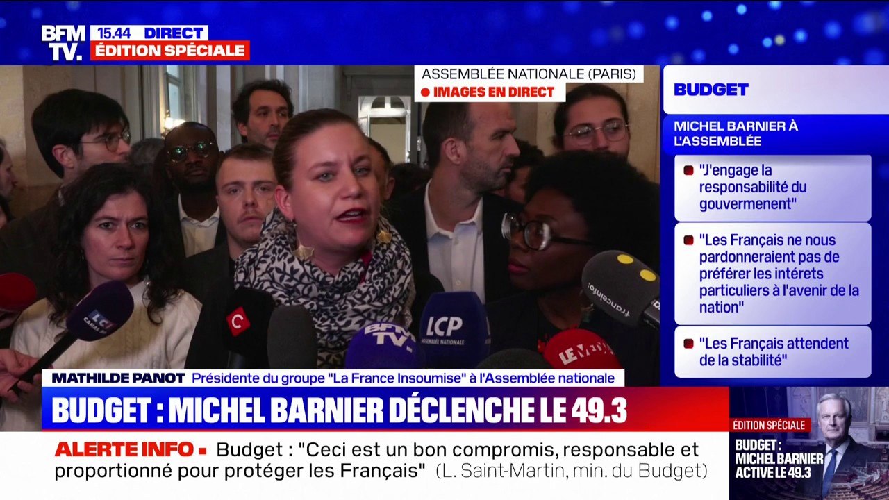 Michel Barnier déclenche l'article 49.3: "Il aura à la fois le déshonneur et la censure", déclare Mathilde Panot (LFI)