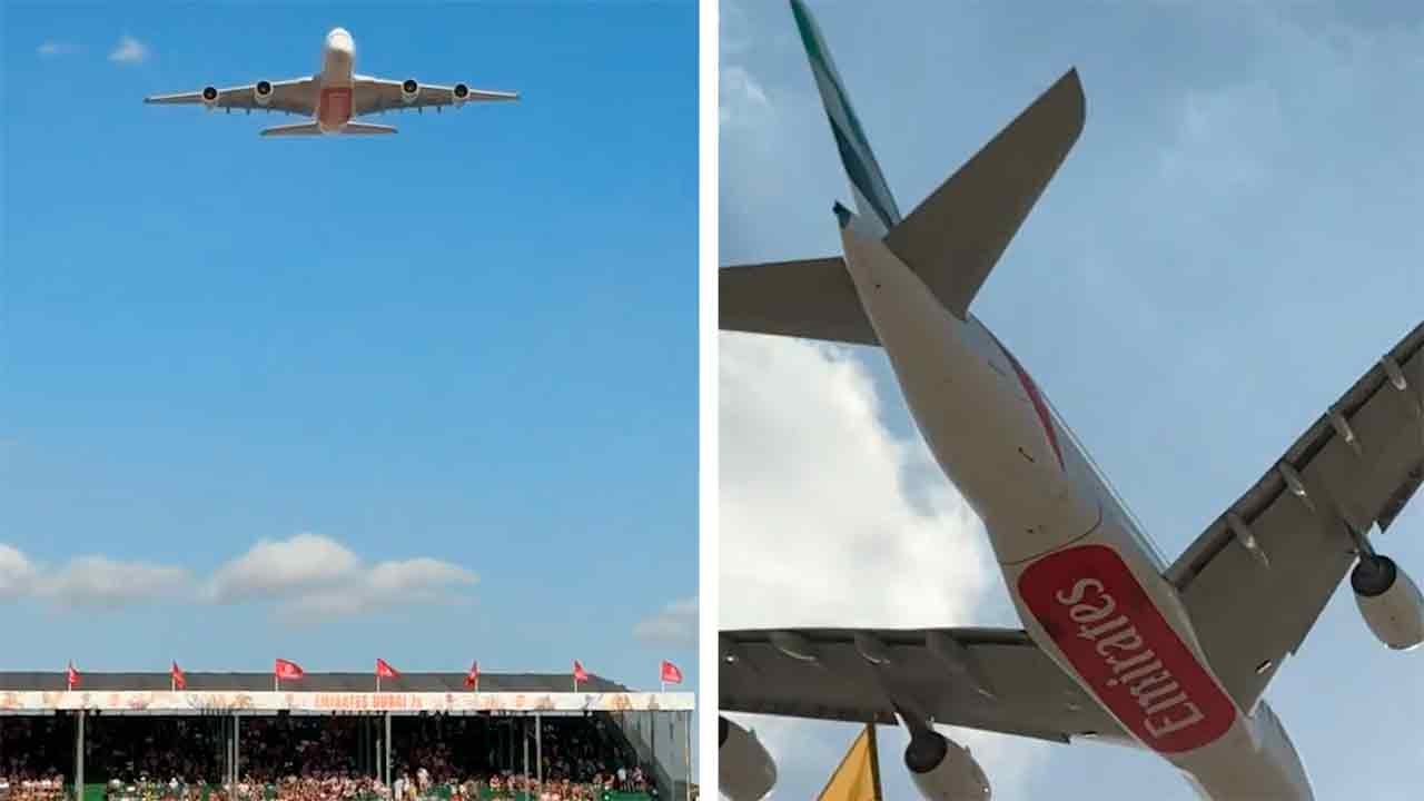 動画：エミレーツの巨大A380がドバイのスタジアムをわずか300メートル上空で飛行