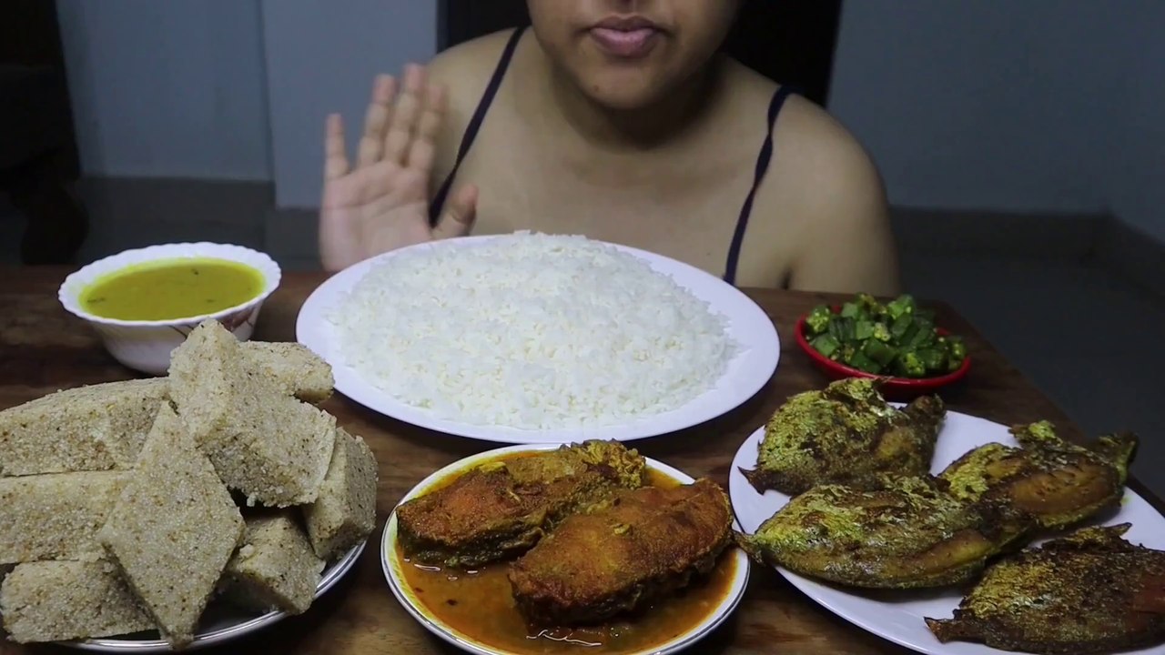 EATING WHITE RICE, MASOOR DAL, SUJI BARFI, FISH CURRY, POMFRET FISH FRY, OKRA( BHINDI ) FRY