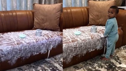 Kid covers entire sofa in SKIN CREAM 😭