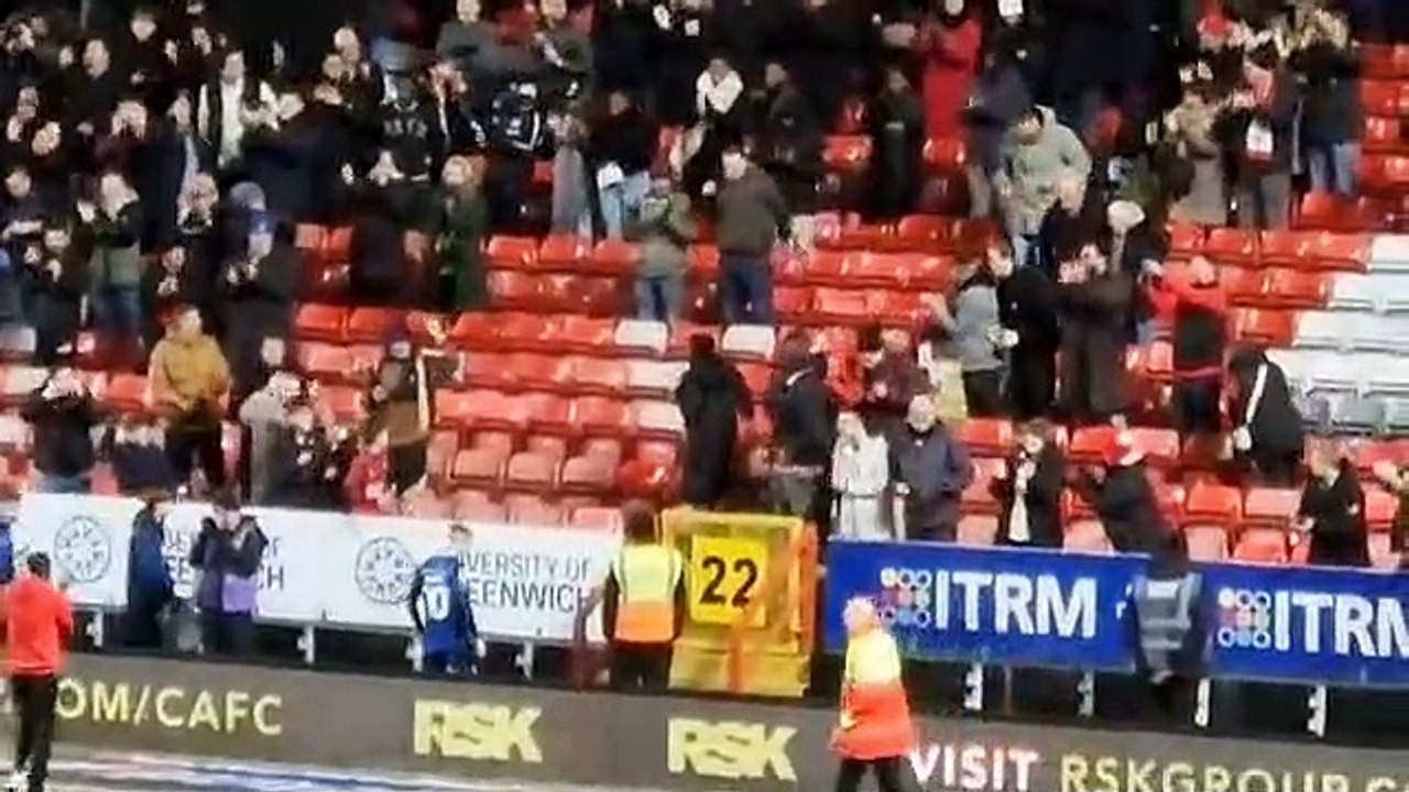 Watch as Crawley Town players celebrate second away win of the season with travelling fans