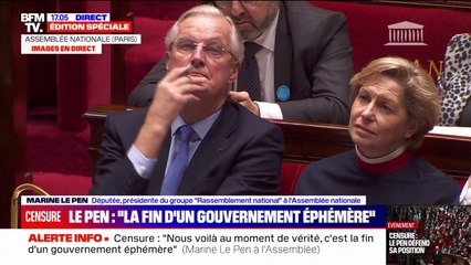 "Un moment parlementaire inédit depuis 1962 qui va sceller, selon toute vraisemblance, la fin d'un gouvernement éphémère": Marine Le Pen s'exprime avant le vote de la censure