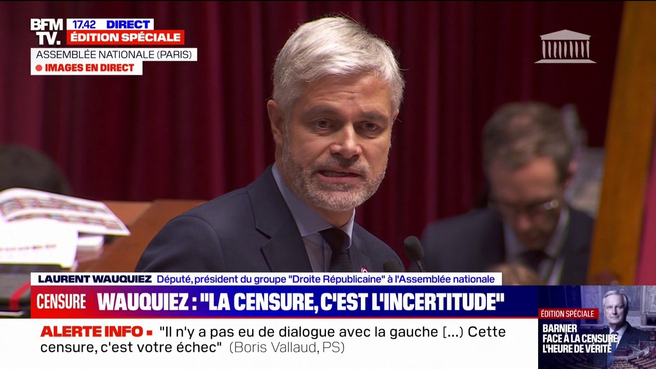 Motion de censure: "Ressaisissez-vous et changez votre choix", déclare Laurent Wauquiez (LR) à Marine Le Pen (RN)