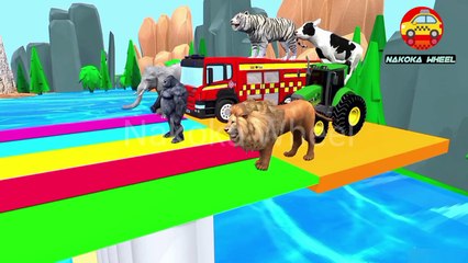 Lion Cow Tractor Gorilla Tiger Firetruck & Elephant Long slide 3d Animal game Cartoon